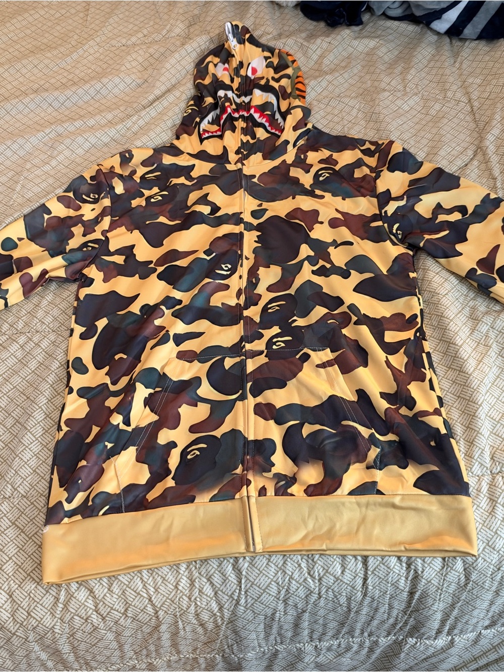 Yellow Camo Zip-Up Hooded Jacket with Shark Detail BAPE